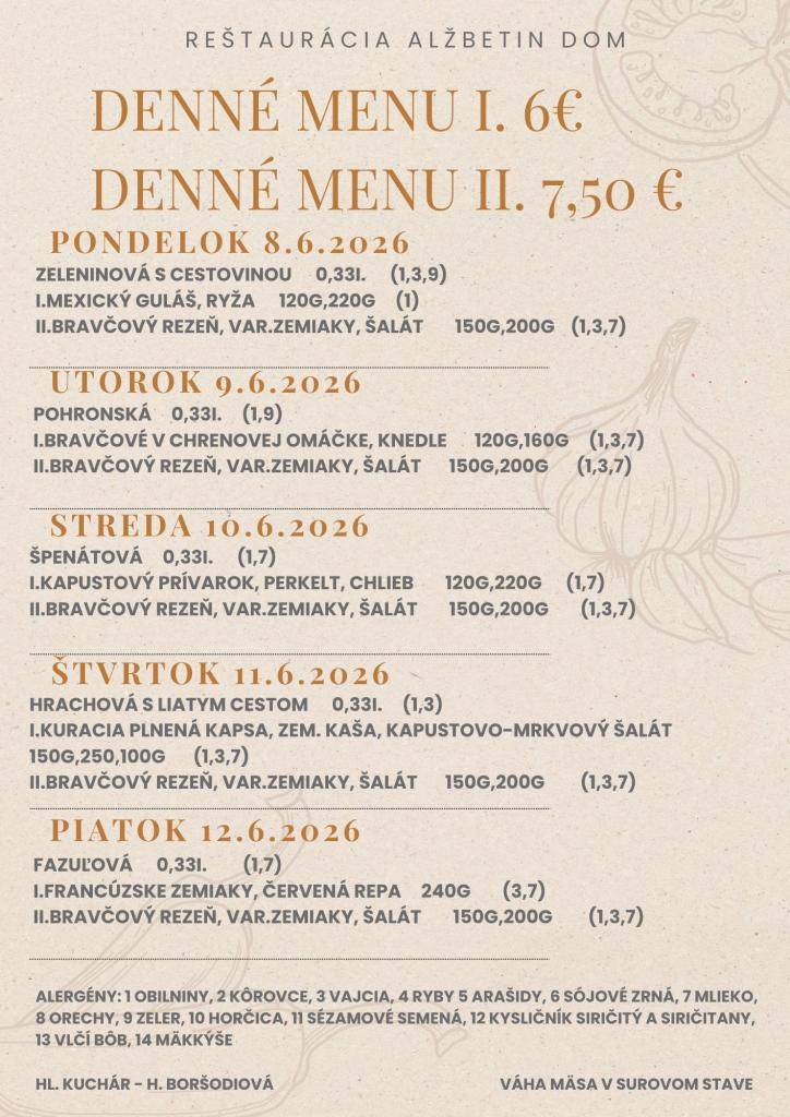 Jedálny lístok 8.6.-12.6.2026