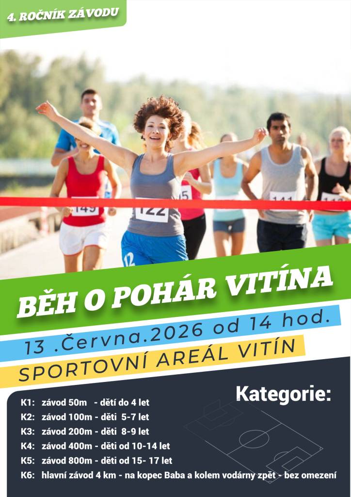 Zveme vás na běžecké závody, které se konají v sobotu 13. června 2026 od 14 hodin na Fotbalovém hřišti ve Vitíně. Přijďte si zasportovat a podpořit všechny skvělé závodníky!