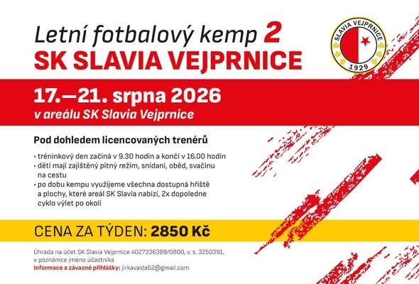 Přestože školní rok ještě nekončí, místní spolky už připravují program na prázdniny. SK Slavia Vejprnice zve děti na letní fotbalový kemp, který se uskuteční od 17. do 21. srpna 2026 v klubovém areálu.