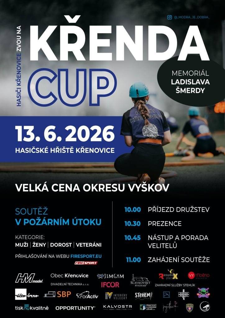 Sbor dobrovolných hasičů Křenovice srdečně zve na soutěž v požárním sportu Křenda Cup – memoriál Ladislava Šmerdy.