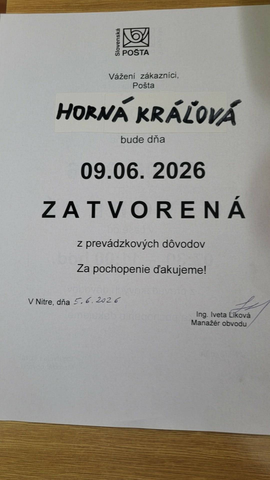 Pošta Horná Kráľová bude 9.6.2026 zatvorená.