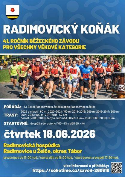 Ahoj všichni, přípravy vrcholí a 41. ročník RADIMOVICKÉHO KOŇÁKU už se nezadržitelně blíží! Moc se na vás těšíme. Letošní největší novinkou je elektrická časomíra, která se postará o stoprocentně přesné výsledky. Registrace jsou oficiálně spuštěny, takže na nic nečekejte a přihlašujte se už teď! Kompletní propozice najdete na přiloženém plakátu. Pro rychlé přihlášení stačí naskenovat QR kód. Laďte formu a naviděnou na startu! Za organizační tým, Martin Drtina   plakát RADIMOVICKÝ KOŇÁK 2026.pdf