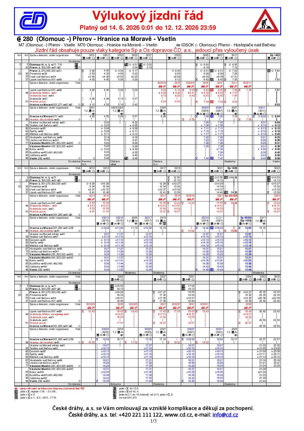 V termínu od 14. 6. 2026 bude platný na trati Přerov – Nezamyslice výlukový jízdní řád. Od 13. 12. 2026 na něj naváže totožný standardní jízdní řád. V této souvislosti dochází k úpravám časových poloh vlaků regionální a dálkové dopravy i na trati mezi Přerovem a Hranicemi, což ovlivní i výlukový jízdní řád linky M7 Olomouc – Přerov – Hranice – Vsetín (včetně drobných posunů časových poloh náhradní autobusové dopravy) i linky R8 Brno – Bohumín. Výlukové jízdní řády naleznete v příloze.  Více informací zde: https://www.idsok.cz/vyluky/vyluka-na-trati-280-linka-m7-m70-lipnik-nad-becvou-hranice-na-morave/
