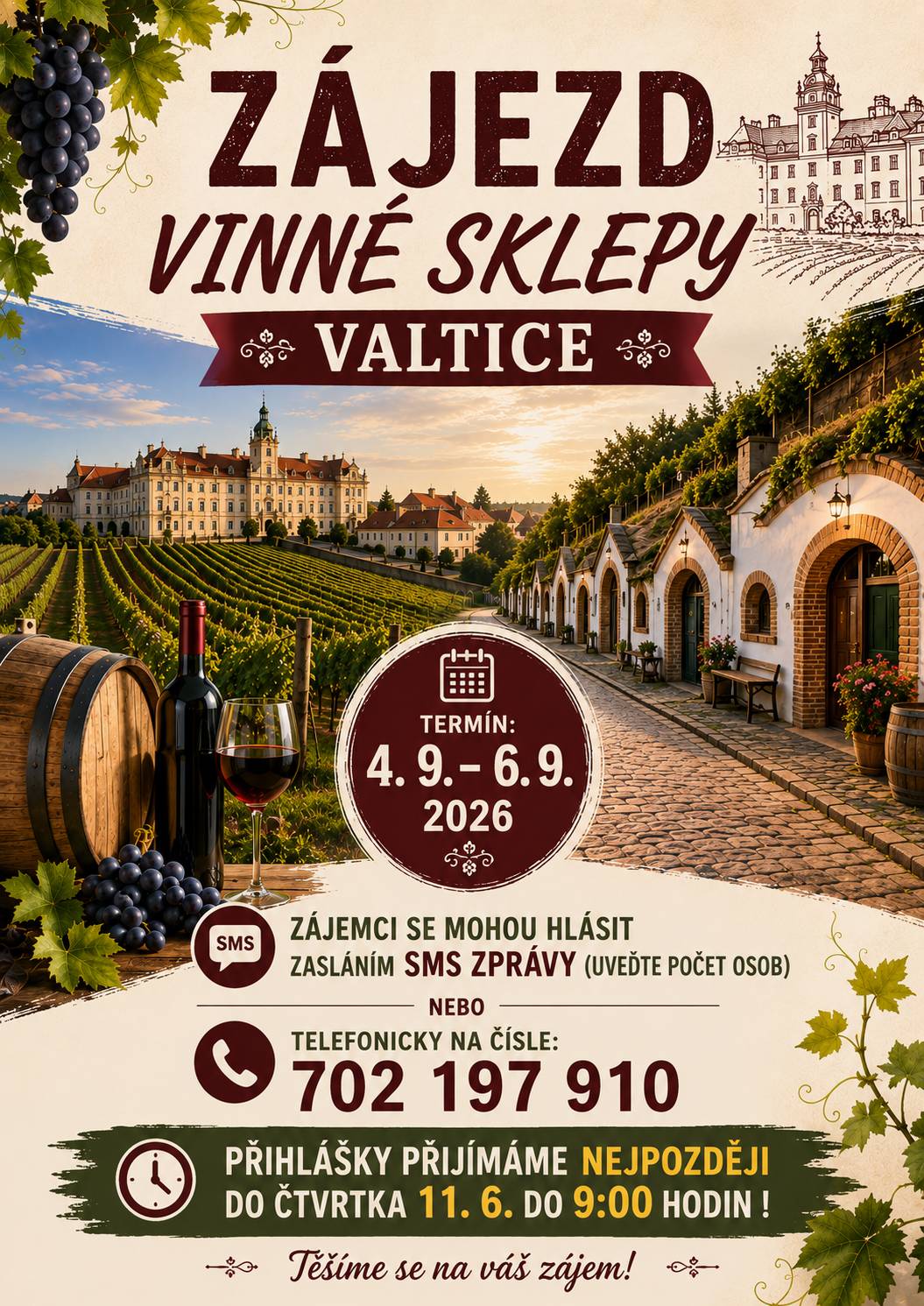 Obec pořádá zájezd do vinných sklepů ve Valticích spojený s návštěvou malého vinobraní a degustace ve valtických sklepech.    Termín zájezdu 4. 9. – 6. 9. 2026 Třídenní pobyt na Moravě s programem zaměřeným na vinobraní a návštěvu vinných sklepů ve Valticích.     Místo: Valtice, jižní Morava    Hledáme zájemce o tento zájezd. Pokud máte zájem se zúčastnit, přihlaste se nejpozději do čtvrtka 11. 6. 2026 do 9:00 hodin.  Hlásit se můžete na 📞 702 197 910 (SMS nebo volejte počet osob). Budeme se těšit na společně strávený víkend plný moravského vína, folklóru a dobré nálady! 🍷🎶  Dopravu hradí obec, ubytování by bylo v "Hotel Salety Valtice".