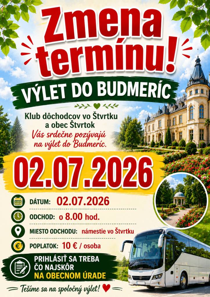 Pozvánka na výlet do Budmeríc- zmena termínu