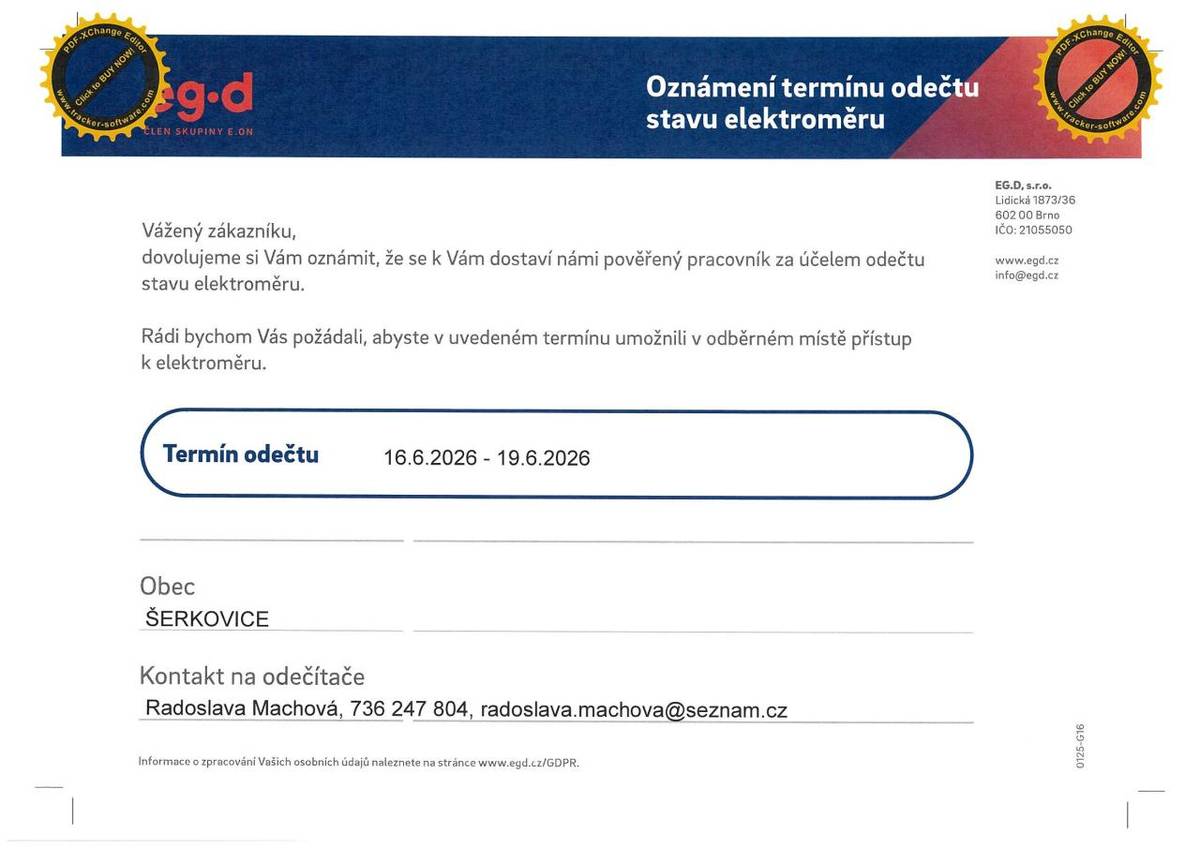 Odečty elektroměrů ve dnech  16.6.2026 - 19.6.2026