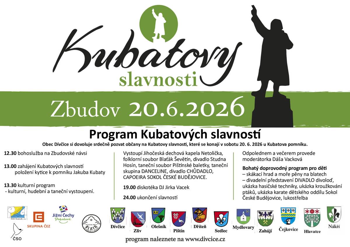V sobotu 20. 6. 2026 se konají slavnsoti u Kubatova pomníku.  Bohatý program po celý den. Všichni jsou srdečně zváni.