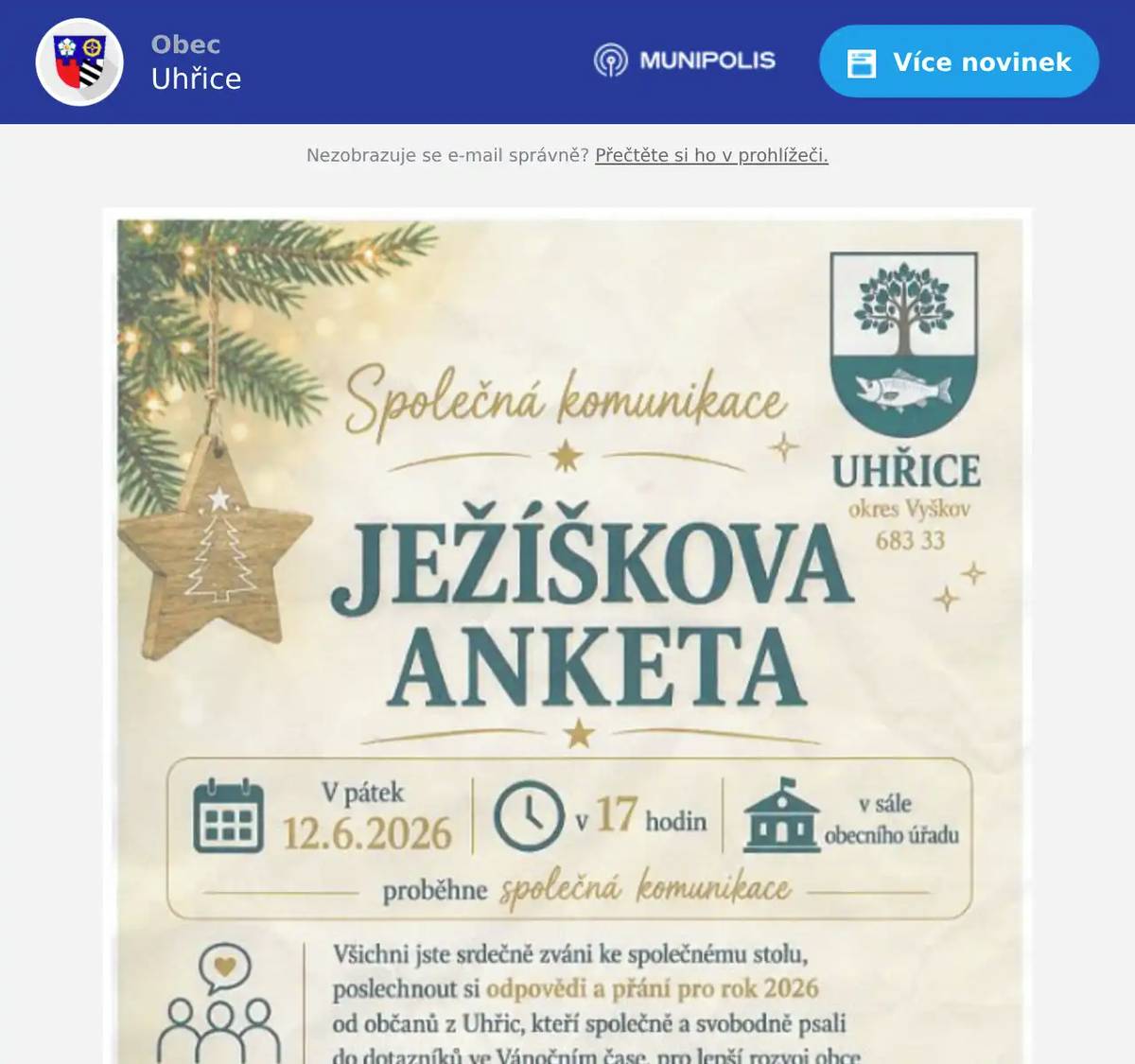 MICHAELA DOUPOVCOVÁ ODPOVÍ NA DOTAZY Z ANKETY,  KTEROU ROZDÁVALA V RÁMCI ROZSVĚCOVÁNÍ VÁNOČNÍHO STROMU KE KONCI ROKU 2025 V PÁTEK 12. 6. V 17.00 HODIN V SÁLE OÚ.