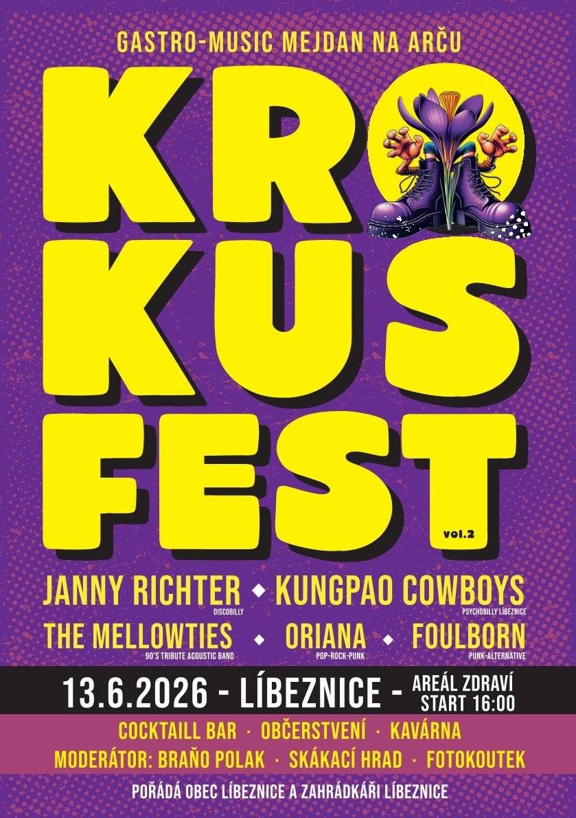 Srdečně vás zveme na KROKUS FEST vol. 2, který se uskuteční v sobotu 13. června 2026 v Líbeznicích.  Těšit se můžete na pestrou sestavu kapel a interpretů, občerstvení, cocktail bar, kavárnu i program pro děti.