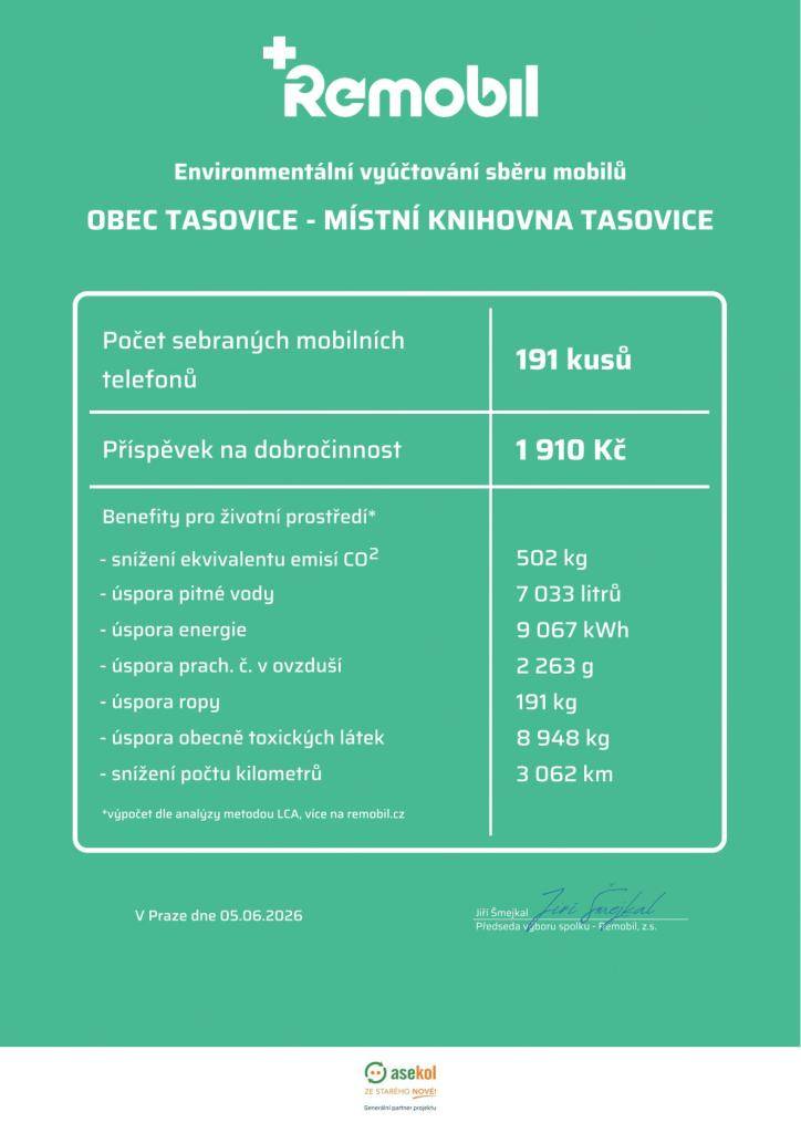 Místní knihovna v projektu REMOBIL:  Příspěvek na dobročinnost do 31.května 2026 - 1910 Kč.  Příspěvek na dobročinnost do 10. dubna 2026 - 1680 Kč   Celkem v Místní knihovně bylo přispěno částkou 3.590,- Kč. Děkujeme.