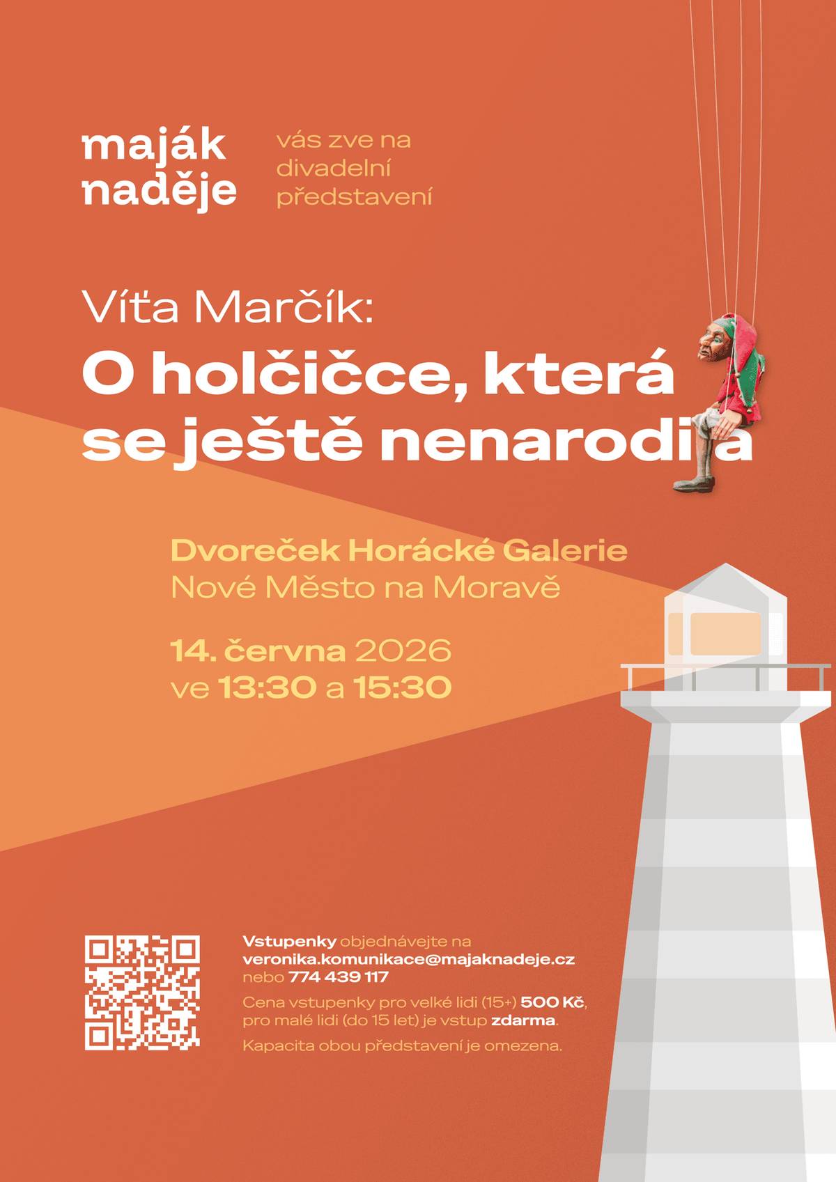 maják naděje zve na jedinečné divadelní představení Víti Marčíka Nezisková organizace maják naděje, která v Novém Městě na Moravě nabízí psychoterapeutickou pomoc dlouhodobě pečujícím a lidem po ztrátě blízkého, zve veřejnost na výjimečné divadelní odpoledne pro malé i velké diváky. Známý herec a vypravěč Víťa Marčík uvede pohádkové představení „O holčičce, která se ještě nenarodila“. Poetický příběh osloví děti i dospělé a citlivě otevírá témata života, vztahů a blízkosti způsobem, který je laskavý, hravý a zároveň hluboký. Představení se uskuteční v neděli 14. června 2026 ve 13:30 a 15:30 na Dvorečku Horácké galerie v Novém Městě na Moravě. Vstupné pro „velké lidi“ od 15 let je 500 Kč, děti do 14 let mají vstup zdarma. Výtěžek z akce podpoří činnost organizace maják naděje a pomůže lidem, kteří procházejí náročným obdobím truchlení. Kapacita obou představení je omezená. Vstupenky je možné rezervovat na e-mailu veronika.komunikace@majaknadeje.cz nebo na telefonu 774 439 117. Přijďte strávit společný čas s příběhem, který dokáže pohladit děti i dospělé. Současně tím pomůžete tam, kde je to potřeba. Více informací o organizaci najdete na majaknadeje.cz nebo naších sociálních sítích.