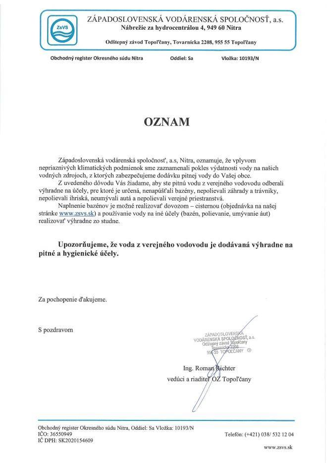 Západoslovenská vodárenská spoločnosť, a. s. - OZNAM