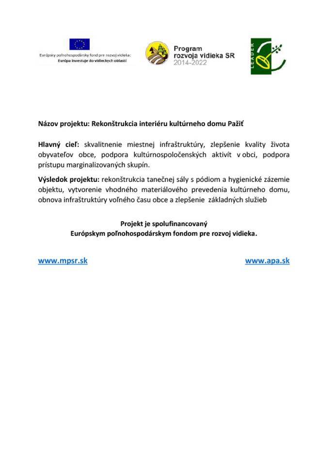 Rekonštrukcia interiéru kultúrneho domu Pažiť