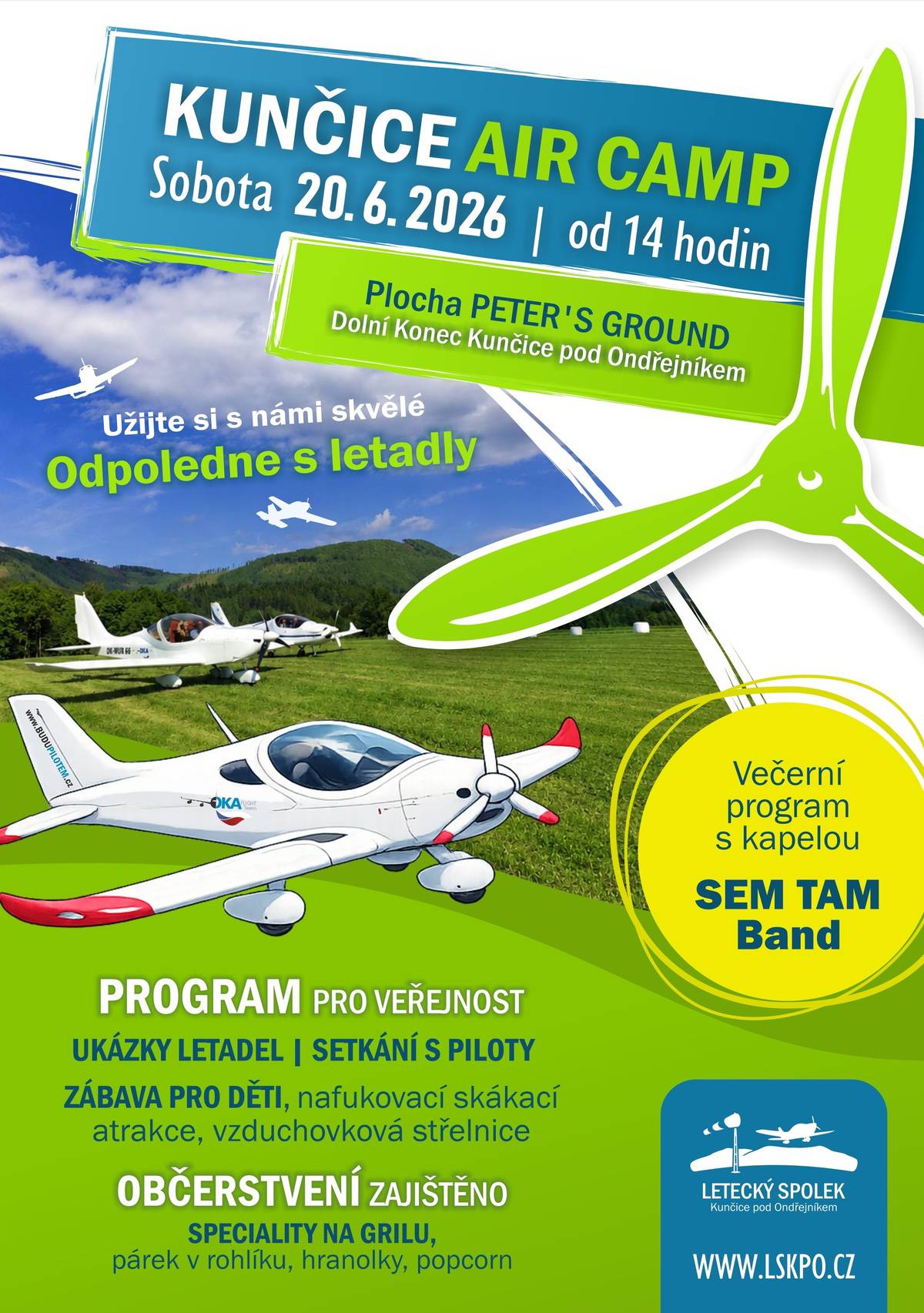 Letecký spolek Kunčice pod Ondřejníkem srdečně zve všechny příznivce letectví, techniky i rodinné zábavy na akci Kunčice Air Camp 2026, která se uskuteční v sobotu 20. června 2026 od 14:00 hodin na ploše Peter's Ground na Dolním Konci v Kunčicích pod Ondřejníkem. Čeká Vás odpoledne plné letadel, zajímavých ukázek a setkání s piloty, kteří Vám rádi přiblíží svět létání a představí svou techniku. Na své si přijdou také děti, pro které budou připraveny nafukovací atrakce, vzduchovková střelnice a další zábava. Po celý den bude zajištěno občerstvení včetně specialit z grilu, párků v rohlíku, hranolek či popcornu. Až se den překlopí do večerních hodin, o dobrou náladu se postará kapela SEM TAM Band, která celý program příjemně zakončí. Přijďte si užít pohodové letní odpoledne, setkat se s přáteli a nahlédnout do světa létání přímo pod beskydským nebem. Všichni jste srdečně zváni! ✈️🌤️ Zveřejnila: Kristýna Amálie Heczková