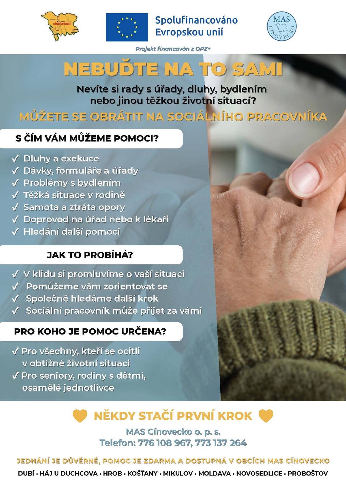 Obec Novosedlice je členem MAS Cínovecko, o. p. s., která zahájila realizaci projektu „Podpora sociální práce na venkově MAS Cínovecko“. Cílem projektu je přiblížit odbornou pomoc lidem přímo do obcí a podpořit ty, kteří se ocitli v náročné životní situaci. Sociální pracovníci pomohou s orientací v systému dávek, při jednání s úřady, řešení dluhů, problémů s bydlením, rodinných obtíží nebo při hledání další potřebné podpory. Služba je určena všem, kteří se dostali do situace, se kterou si sami nevědí rady – seniorům, rodinám s dětmi, osamělým osobám i dalším obyvatelům regionu. ✅ Pomoc je bezplatná a důvěrná. ✅ Sociální pracovník může za klientem přijet i do místa bydliště. ✅ Společně hledá řešení a další kroky vedoucí ke zlepšení situace. Pokud víte o někom, kdo by mohl pomoc využít, neváhejte mu tuto informaci předat. 📞 MAS Cínovecko, o. p. s. Telefon: 776 108 967, 773 137 264 ❤️ Někdy stačí udělat první krok. ❤️