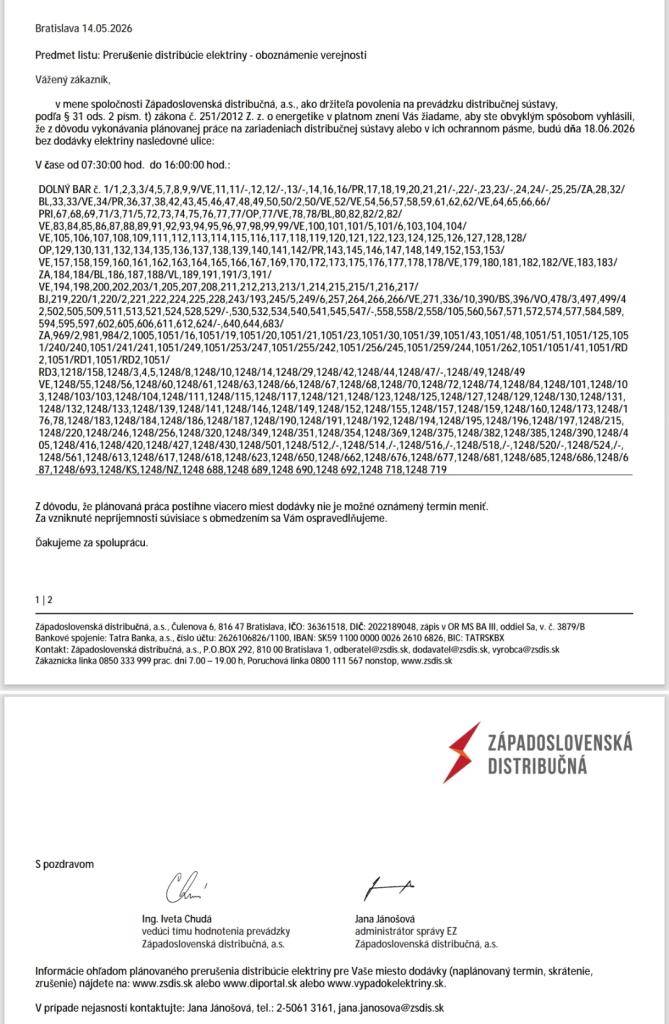Dňa 18.06.2026 bude prerušená distribúcia elektriny v niekoľkých uliciach z dôvodu plánovanej údržby. Obyvatelia sú informovaní, aby počítali s obmedzením dodávky elektriny.