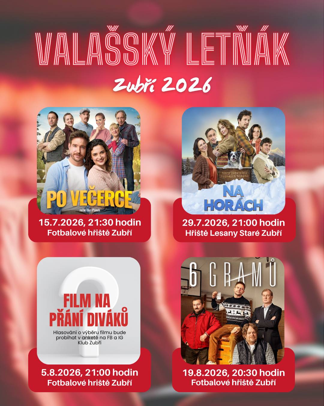 I letos se můžete těšit na filmové promítání pod širým nebem! 🌠     Čekají vás celkem čtyři české filmy, přičemž o tom předposledním z nich můžete rozhodnout právě VY! Anketa bude probíhat od 10. do 30. 6. 2026 na FB i IG stránkách Klub Zubří. 🥳      Na všechna promítání je vstupné dobrovolné.😊     Těšíme se na společné letní filmové večery!🍿🎬🌙