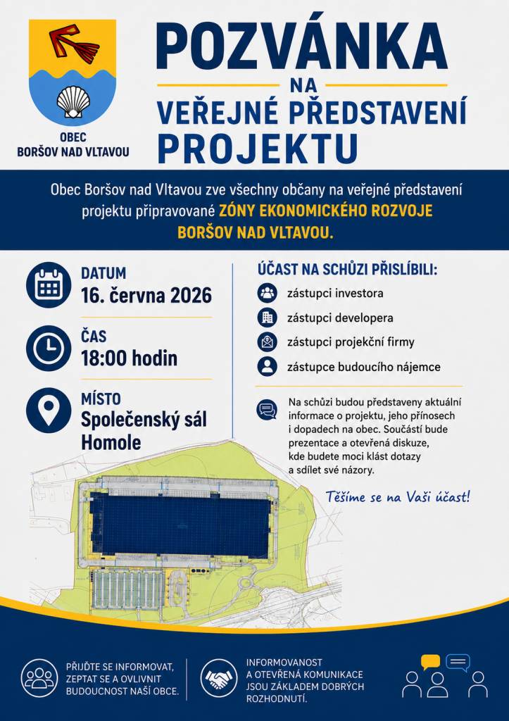 Obec Boršov nad Vltavou zve nejen své občany na veřejné představení připravované Zóny ekonomického rozvoje. Na schůzce budou představeny aktuální informace o připravovaném projektu a jeho dopadech na obec. Občané budou mít možnost seznámit se s plánovaným záměrem. Více informací v přiloženém letáku.