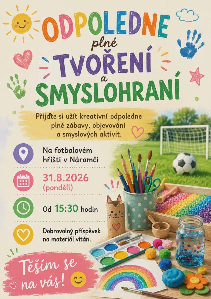 PONDĚLÍ 31.8.2026 OD 15:30 HODIN, FOTBALOVÉ HŘIŠTĚ