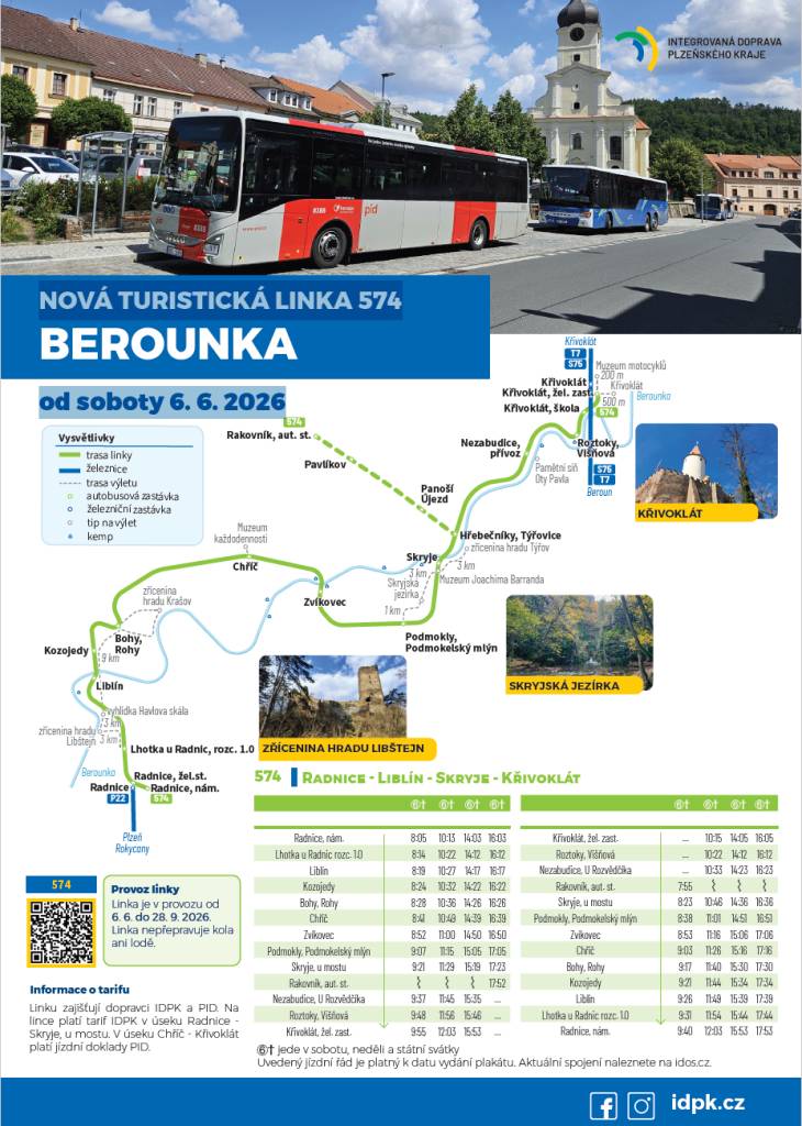 NOVÁ TURISTICKÁ LINKA 574  BEROUNKA od soboty 6. 6. 2026