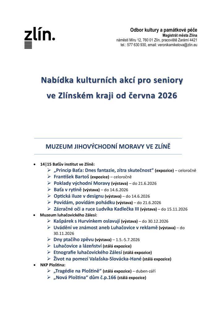 Přehled kulturního programu pro seniory ve Zlínském kraji od června 2026.