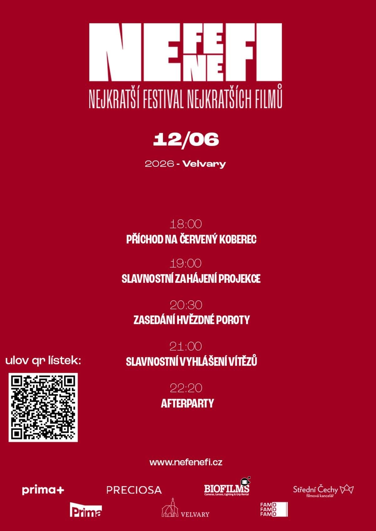 Nenechte si ujít další ročník nejkratšího festivalu nejkratších filmů NEFENEFI, který se koná v pátek 12. 6. od 18 hod na sále Záložny. Jako každý rok můžete během hodiny vidět 30 soutěžních filmů (kategorie do 1min, do 3min a do 5min), seznámit se s tvůrci i hvězdnou porotou: opět nebudou chybět F. A. Brabec, Irena Pavlásková či Karel Dobrý. Přijďte na nejkratší filmový festival na světě, kdy se za za jeden večer zvládne vše, na co jíné festivaly potřebují týden! Těšíme se na Vás! Více na www.nefenefi.cz