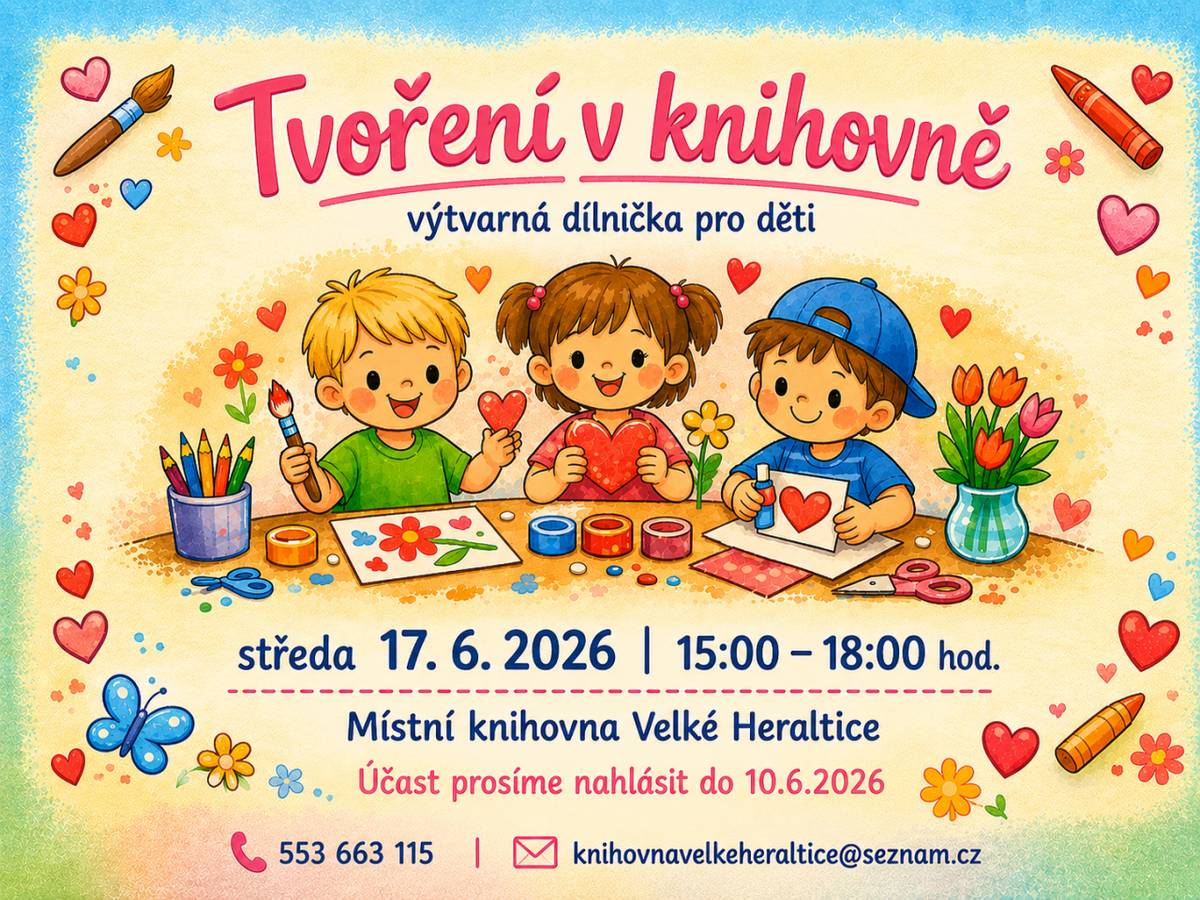 Zájemci se ještě do konce tohoto týdne, mohou přihlásit na akci Tvoření pro děti - výtvarná dílnička pro děti, rodiče a prarodiče. Budeme tvořit ubrouskovou techniku, která spočívá ve vystřihování motivů z papírových ubrousků a jejich lepení na nejrůznější povrchy.