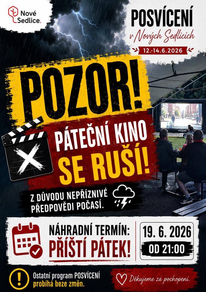 Náhradní termín promítání je příští pátek 19. 6. 2026