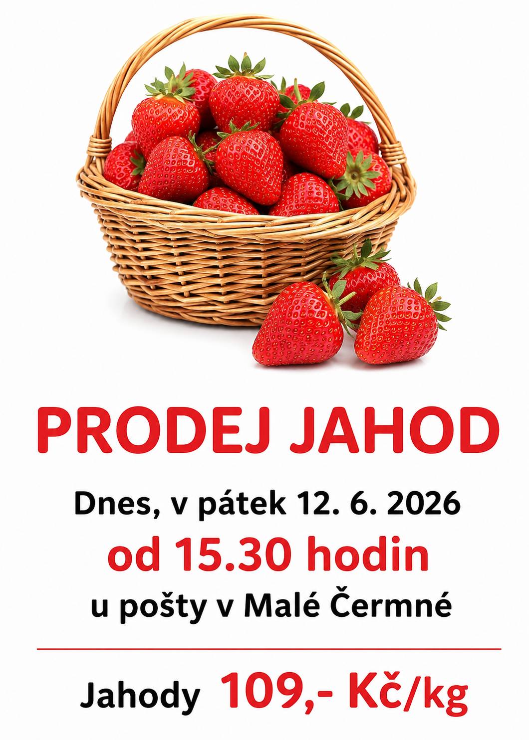 Prodejce jahod bude dnes od 15.30 hodin u pošty v Malé Čermné prodávat jahody za cenu 109,- Kč za kg.