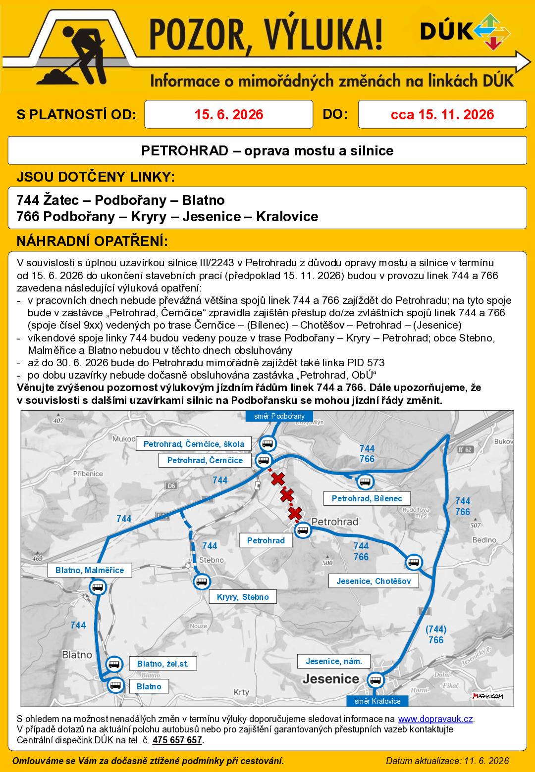Pozor výluka - Uzavírka Petrohrad - změny v autobusové dopravě - linka 744-Žatec-Podbořany-Blatno; linka 766-Podbořany-Kryry-Jesenice-Kralovice