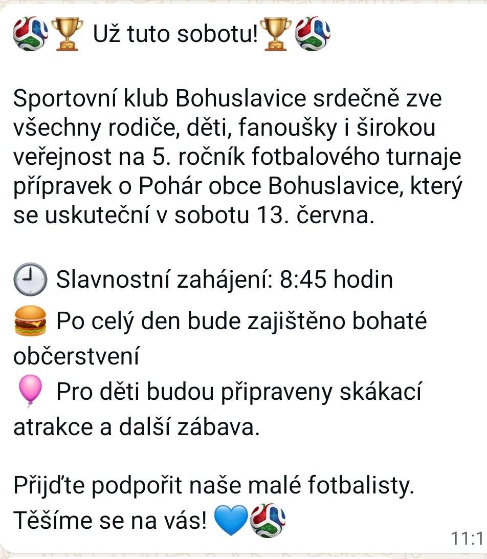 V sobotu 13.6. od 8:45 přijďte podpořit fotbalovou mládež na turnaj přípravek. SK Bohuslavice