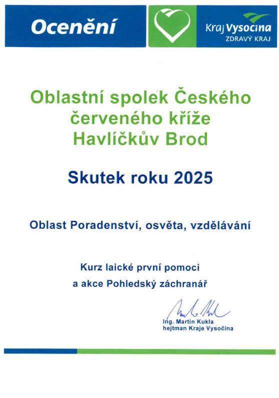 Kurz laické první pomoci a na něj navazující akce "Pohledský záchranář", které v roce 2025 uspořádala Místní skupina Českého červeného kříže Pohled, byl oceněn jako Skutek roku 2025 v kategorii Poradenství, osvěta, vzdělávání. Krásné ocenění si vedoucí MS Pohled převzaly 8. června 2026 na zámku v Červené Řečici. Moc gratulujeme a děkujeme všem, kteří se do akcí zapojili ;-) https://www.kr-vysocina.cz/krajska-anketa-skutek-roku-ma-sve-ocenene-pro-rok-2025/d-4137414