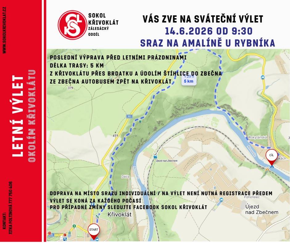 TJ Sokol Křivoklát a jeho oddíl Zálesák zve v neděli 14.06.2026 na procházku po okolí. Sraz je v 9:30 u Amalínského rybníka. Více na plakátu.