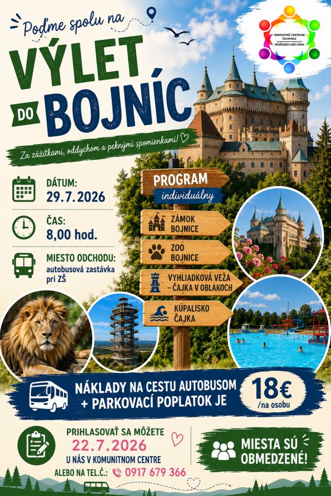 Pozývame vás na spoločný výlet do Bojníc, kde na vás čaká príjemná atmosféra a množstvo nezabudnuteľných zážitkov.