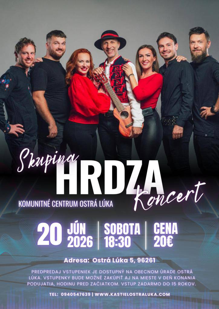 Obec Ostrá Lúka Vás pozýva na koncert skupiny HRDZA, ktorý sa uskutoční 20.6.2026 (sobota) o 18:30 hod. v Komunitnom centre v Ostrej Lúke.