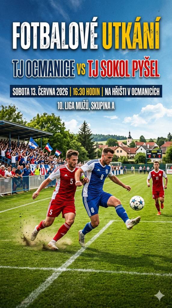 V sobotu 13. června 2026 v 16:30 hodin se na hřišti v Ocmanicích uskuteční fotbalové utkání mezi TJ Ocmanice vs TJ Sokol Pyšel. Jste srdečně zváni.