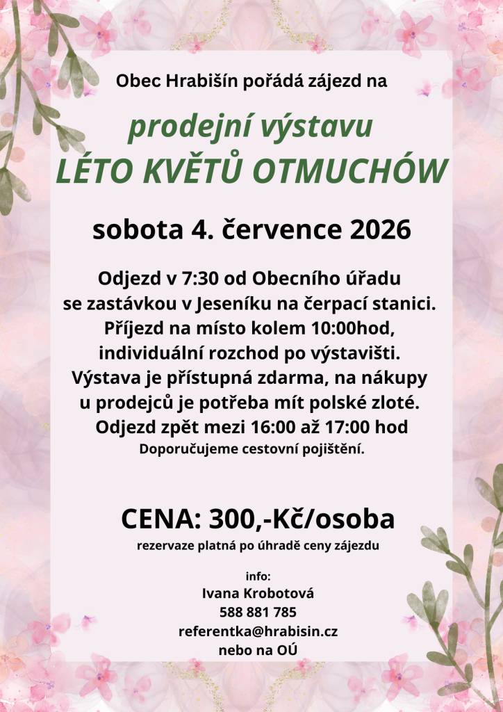 Obec Hrabišín pořádá zájezd na prodejní výstavu