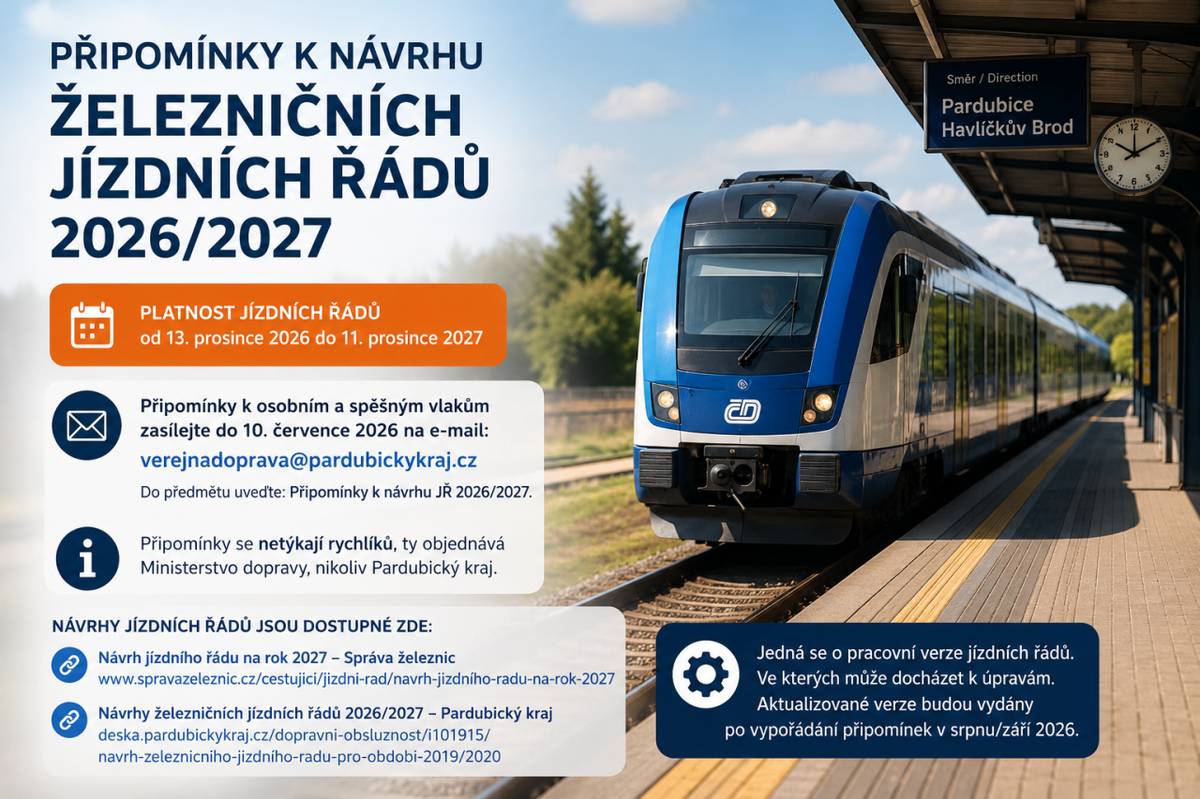 Případné připomínky k osobním a spěšným vlakům je možné zasílat nejpozději do 10. července 2026