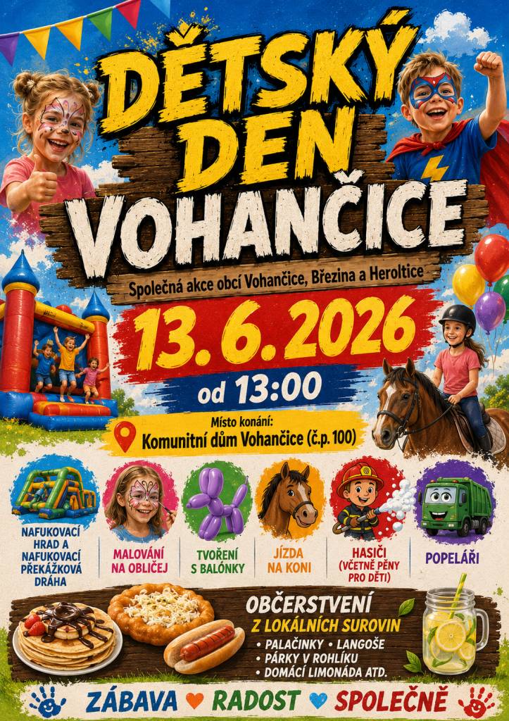 přijďte s dětmi strávit odpoledne plné smíchu, her a výborného jídla.     Kdy: Sobota 13. června 2026 od 13:00 hodin  Kde: Komunitní dům Vohančice (č.p. 100)