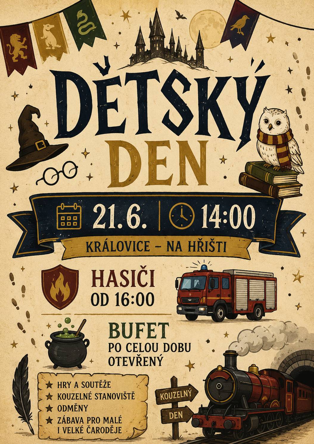 Tímto zveme všechny děti a rodiče z Královice na "Dětský den" dne 21.06.2026 od 14:00 hodin.