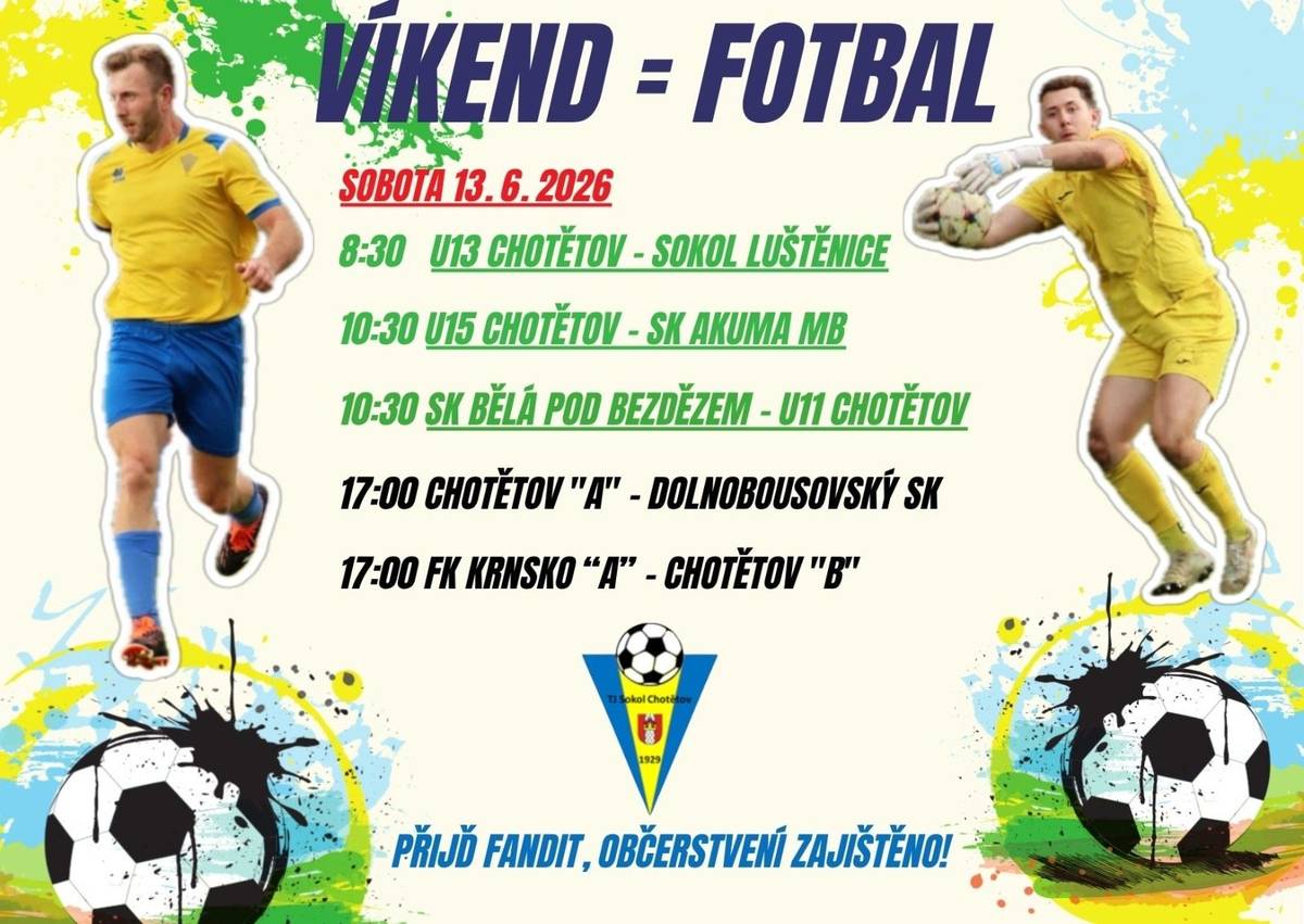⚽ Fotbalová sezóna je pro TJ Sokol Chotětov na svém konci, tak přijďte podpořit místní fotbalisty v posledních utkáních 🔚. Svůj let's dance v historické účasti v 6. lize odehraje i naše "A" mužstvo.  Více viz přehled víkendových utkání v pozvánce ⚽. Všichni jste srdečně zváni 🤗!