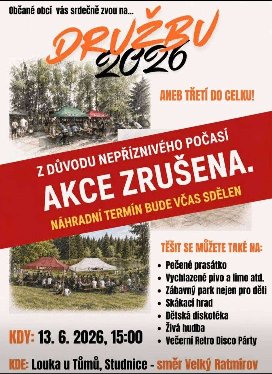 Z DŮVODU NEPŘÍZNIVÉHO POČASÍ AKCE "DRUŽBA 2026" V SOBOTU 13.6. - ZRUŠENA