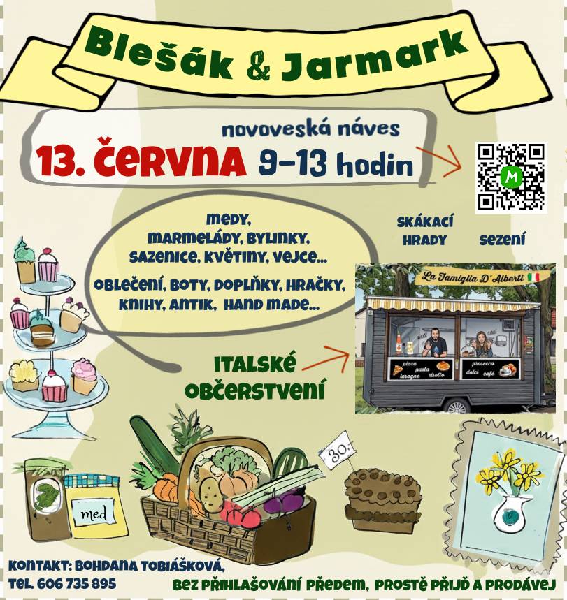Zveme Vás tuto sobotu na další Blešák & Jarmark, začíná se v 9 hodin, občerstvení La Famiglia D´Alberti bude až do 19 hodin. Přijďte prodávat, nakupovat, posedět... Pro děti skákací hrady, pro případ slabého deště přístřešky.