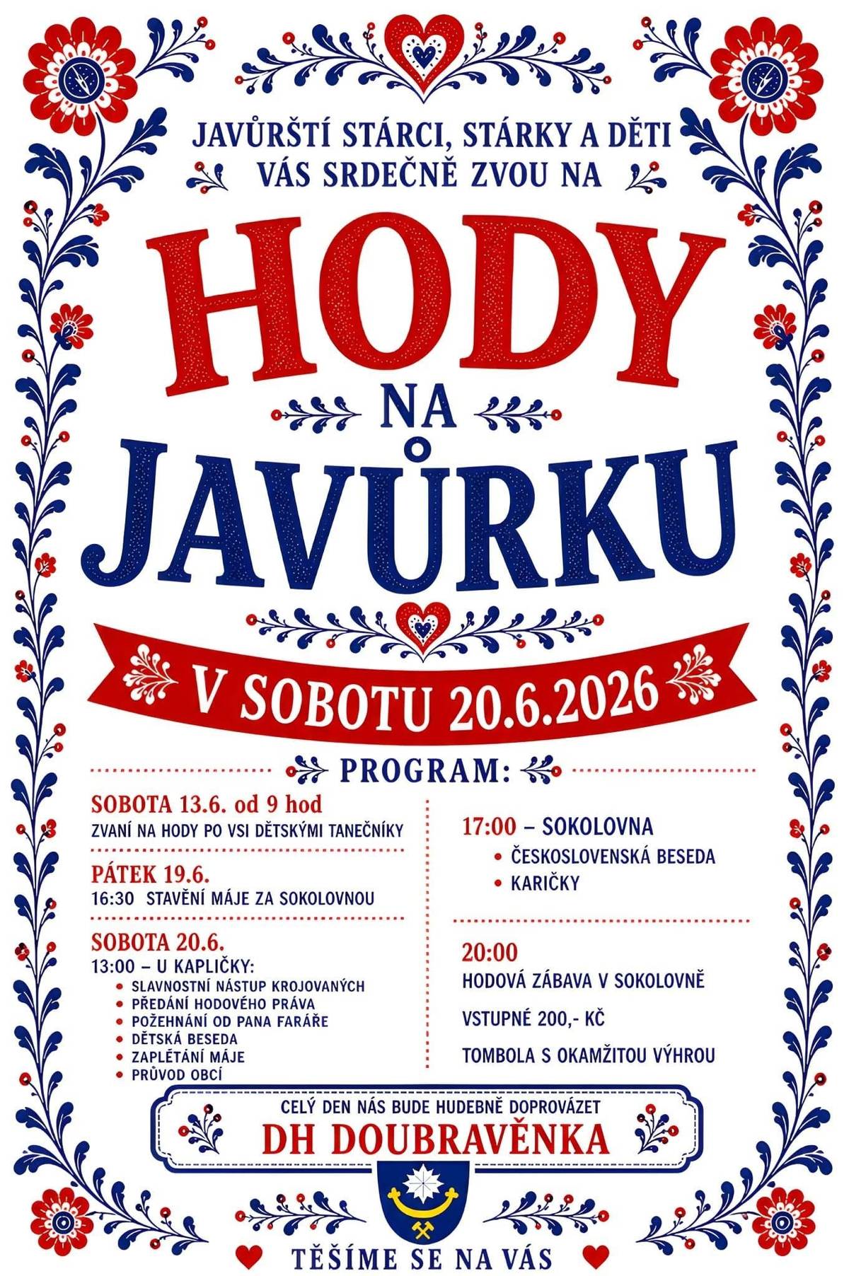 Javůrští stárci a stárky srdečně zvou na hody, které se konají v sobotu 24. června 2026.