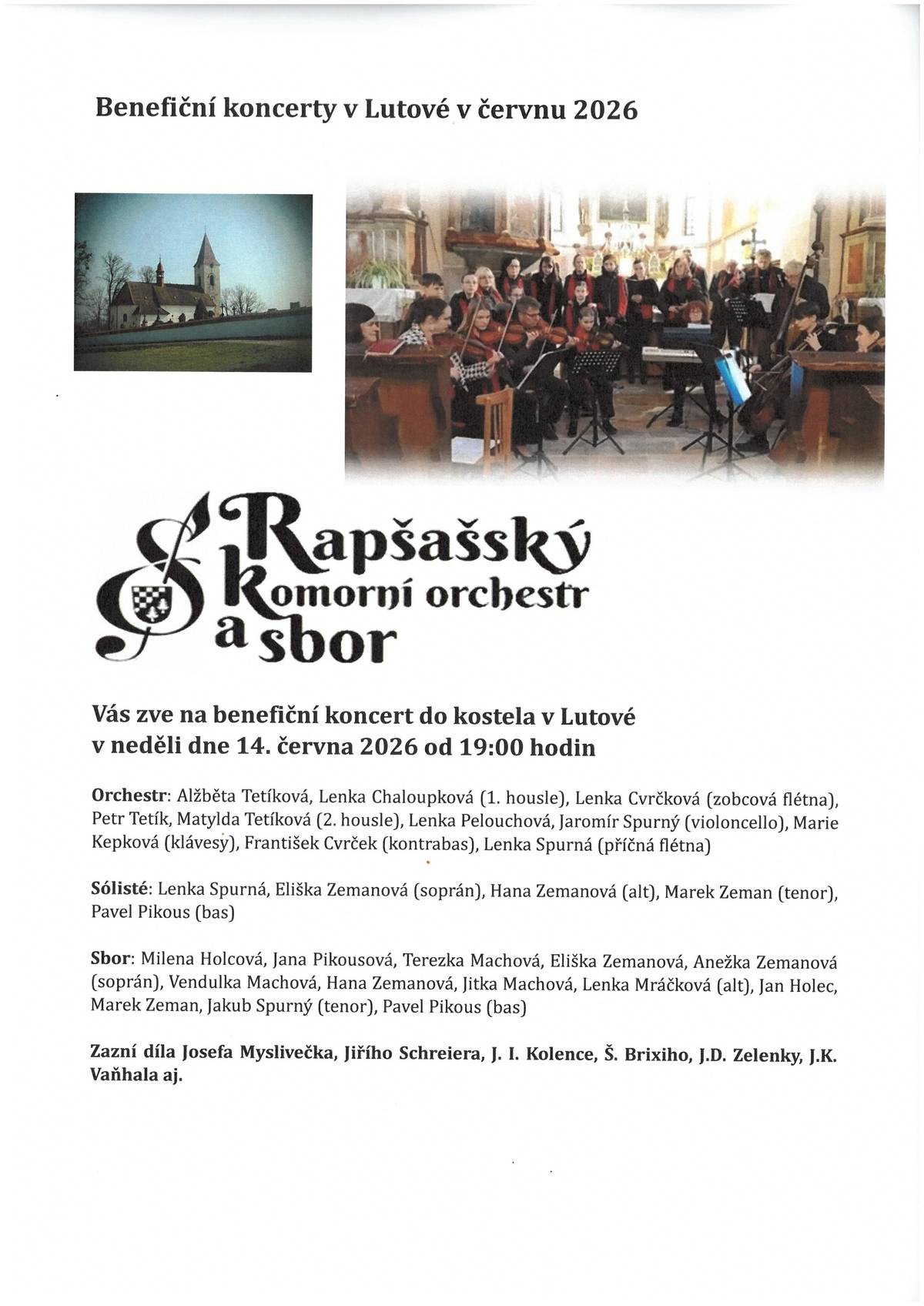 Farnost Chlum u Třeboně zve na Benefiční koncert Rapšašského komorního orchestru a sboru v Lutové, v neděli 14.června od 19:00 hod.