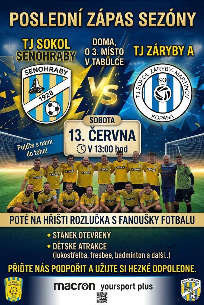 V sobotu 13. 6. od 13 hodin se koná fotbalové utkání mezi TJ Sokol Senohraby a TJ Záryby A.   Je to poslední zápas sezóny  a hraje se o 3. místo v tabulce.   Občerstvení, dětské atrakce a po skončení rozlučka s fanoušky fotbalu.   Všichni jste srdečně zváni!