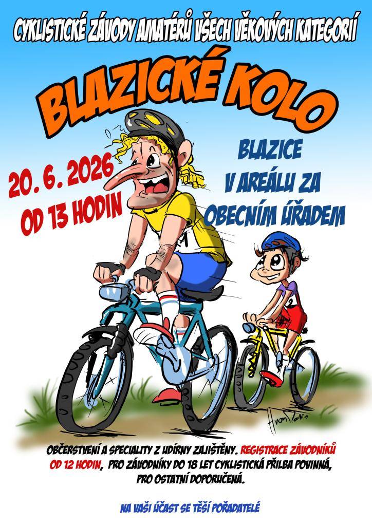 V sobotu 20. června 2026 se koná cyklistický závod, na který se můžete registrovat od 12 hodin. Závodníci do 18 let mají povinnost používat cyklistickou helmu, zatímco pro ostatní účastníky je její použití doporučeno. Pořadatelé se na vaši účast velmi těší a zajistí občerstvení.