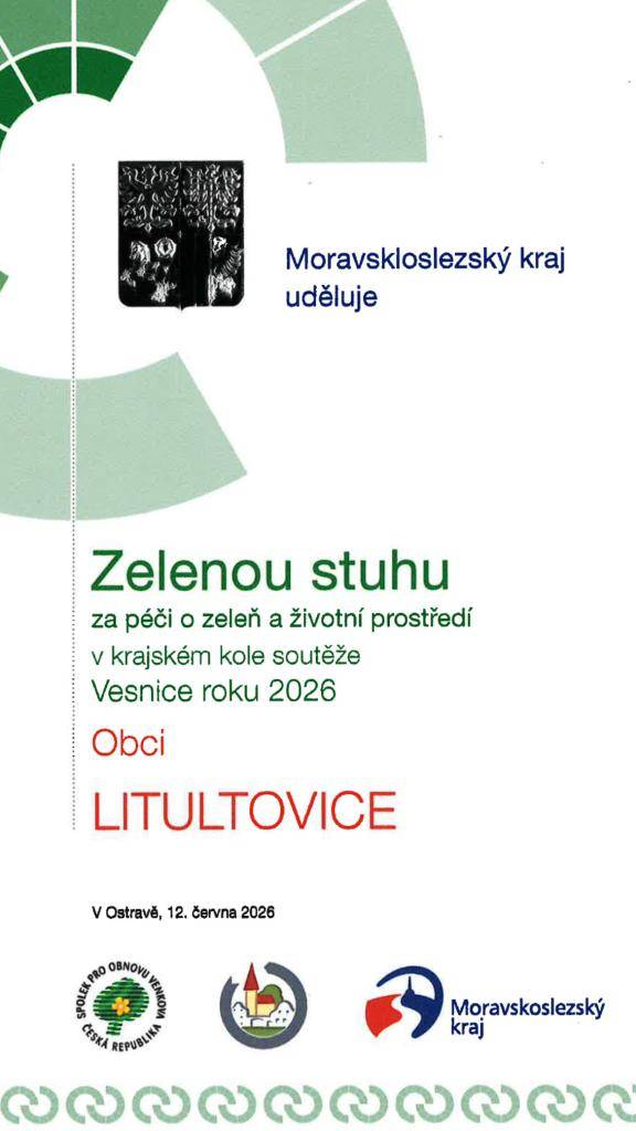 S velkou radostí oznamujeme, že naše obec získala v krajském kole soutěže Vesnice roku 2026 Zelenou stuhu za péči o zeleň a životní prostředí.  Toto ocenění je uznáním dlouhodobé práce obce, spolků i občanů, kteří se podílejí na zvelebování našeho okolí a ochraně životního prostředí.