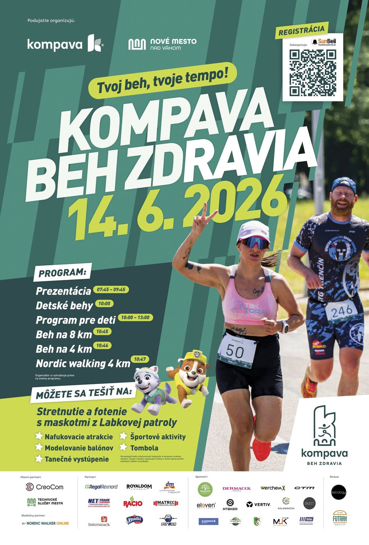 Srdečne vás pozývame na 3. ročník podujatia KOMPAVA Beh zdravia, ktoré sa uskutoční v nedeľu 14. júna 2026. Štart na Námestí slobody.     Aj tento rok sa centrum mesta zaplní športovcami, rodinami s deťmi, fanúšikmi pohybu a všetkými, ktorí chcú stráviť príjemný deň v dobrej atmosfére.     Na účastníkov čakajú disciplíny: beh na 8 km beh na 4 km nordic walking 4 km detské behy pre všetky vekové kategórie     Trasa povedie mestským okruhom so štartom a cieľom na Námestí slobody a zavíta aj do Mestského parku J. M. Hurbana a D. Š. Zámostského.     Počas celého podujatia bude pripravený bohatý sprievodný program:   tanečné vystúpenie detské atrakcie a športové aktivity Labkovapatrola poradenstvo v oblasti zdravého životného štýlu ochutnávky produktov Kompava gastro zóna tombola pre účastníkov     Každý registrovaný účastník získa štartovací balíček s pamätným tričkom, medailou, občerstvením a ďalšími darčekmi.     14. jún 2026 príďte si užiť deň plný pohybu, športových výkonov, zábavy a dobrej nálady.   Tešíme sa na vás v Novom Meste nad Váhom!