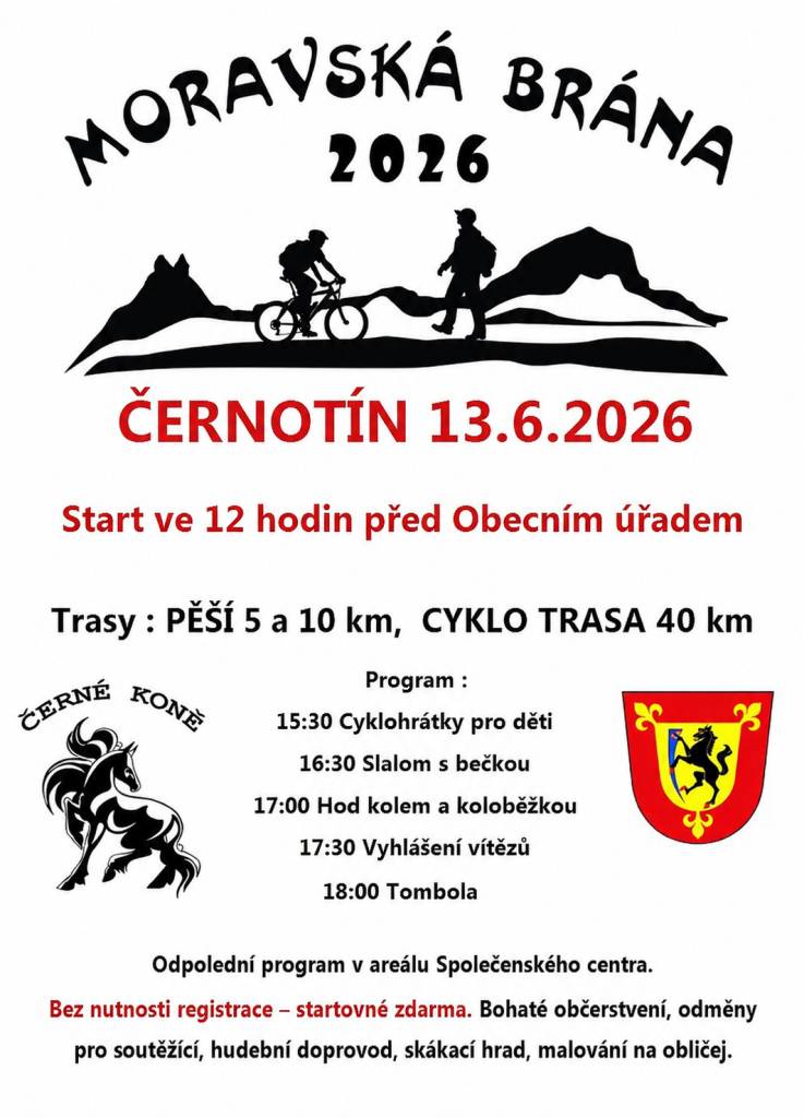 Cykloturistická akce startuje v sobotu 13. června ve 12 hodin na návsi. Po dojezdu cyklotrasy nebo návratu z pěších tras v areálu za Společenským centrem doprovodný program.